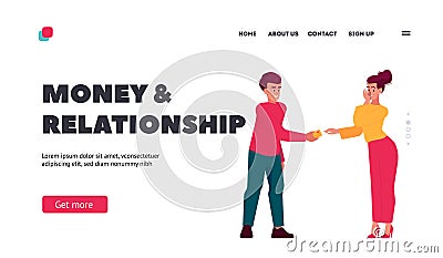Money and Relations Landing Page Template. Man Paying Money To Woman. Husband or Friend Gives Credit Card To Wife Vector Illustration