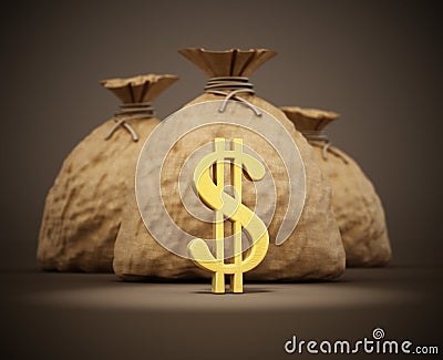 Money sacks with gold dollar icons. 3D illustration Cartoon Illustration