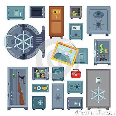 Money safe steel vault door finance business concept safety business box cash secure protection deposit vector Vector Illustration