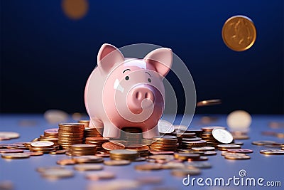 Money sanctuary Golden coins contribute to pink piggy savings Stock Photo