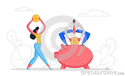 Money Saving Concept with Business People Characters and Piggy Bank. Financial Savings Profit, Salary Investment Vector Illustration