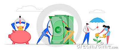 Money Saving Concept with Business People Characters, Piggy Bank and Money Tree. Financial Savings Profit, Salary Vector Illustration