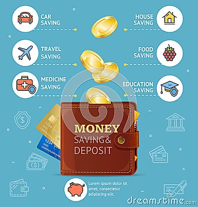 Money Saving and Deposit Concept with Wallet. Vector Vector Illustration