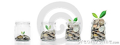 Money saving growth concepts, glass jar with coins and plants growing, isolated on white background Stock Photo