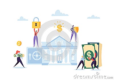 Money Savings Concept. Business People Characters Investing Money on Bank Account. Safe Deposit, Banking, Earnings Vector Illustration