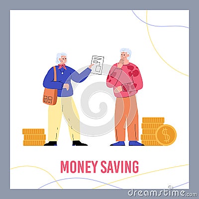 Money savings plan banner with retired pensioners, flat vector illustration. Vector Illustration