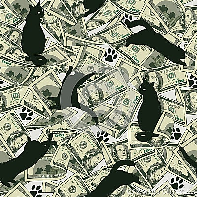 Money seamless pattern with lots dollar bills, black silhouettes of cat, cats footprints.100 US dollar banknotes Vector Illustration