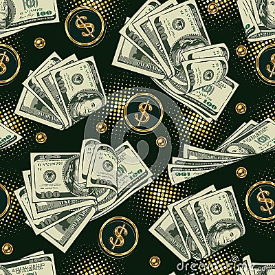 Money seamless pattern in vintage style with stacks of dollar bills, round halftone shapes, gold dollar sign Vector Illustration