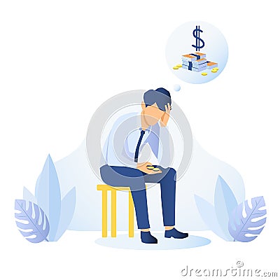 Money Shortage and Financial Problem concept. Depressed man thinking about money Vector Illustration