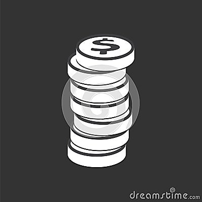 Money silhouette icon on black background. Coins vector illustration in flat style. Icons for design, website. Vector Illustration