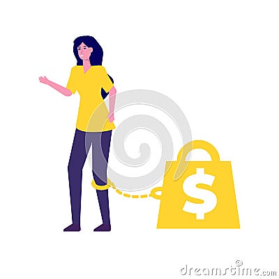 Money slavery concept. Business woman chained to money weight with shackles. Vector Illustration