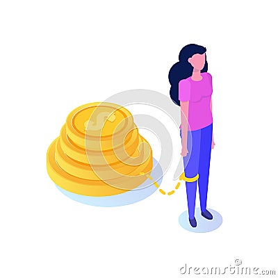 Money slavery concept. Business woman chained to money weight with shackles. Vector Illustration