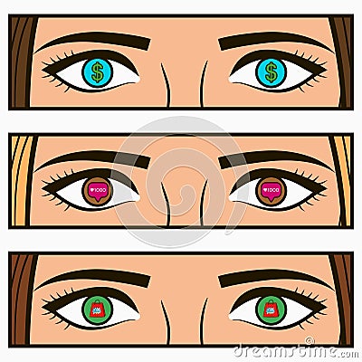 Money, social network icon - follow and sale signs in female eyes. Comic pop-art illustration with girl interests in her eye. Vector Illustration