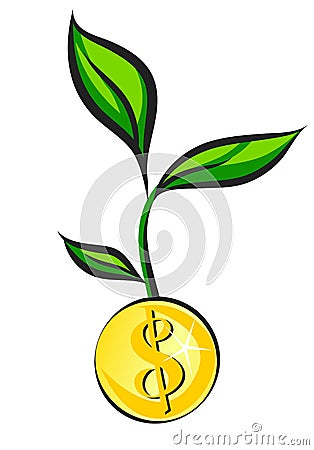 Money sprout grows from golden coin, vector illustration Vector Illustration