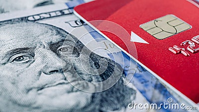Money stack credit card. Hundred dollars of America with debit card. Usd cash money. Stock Photo
