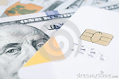 Money stack credit card. Hundred dollars of America with debit card. Usd cash money. Stock Photo