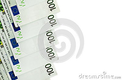 Money stack. Falling banknotes. European money on white isolatio Stock Photo