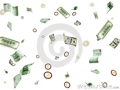 Money stack. Flying Hundred dollar, Euro banknotes and Bitcoin. European money cash background Stock Photo