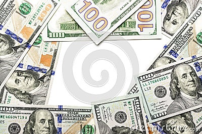 Money stack. Hundred dollars of America. Falling money isolated, us bill white background. Stock Photo