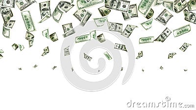 Money stack. Hundred dollars of America. Falling money isolated, us bill white background. Stock Photo