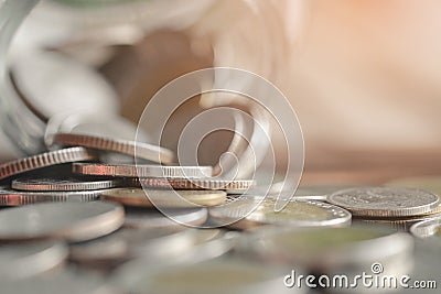Money stack step up growing growth saving money with icons about business strategy on image Stock Photo