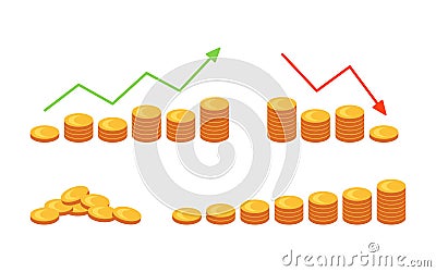 Money, stacks of coins with up and down arrows. Set of piles of gold coins, treasure. Bank and finance. Investment Vector Illustration