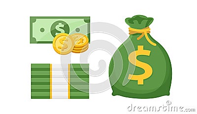 Money stacks, gold medal coin and bag money isolated on white, banknote and medal icon, bank note and medal dollar golden money Vector Illustration