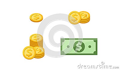 Money stacks, gold medal coin and banknote money isolated on white, banknote and medal icon, bank note and medal dollar golden Vector Illustration