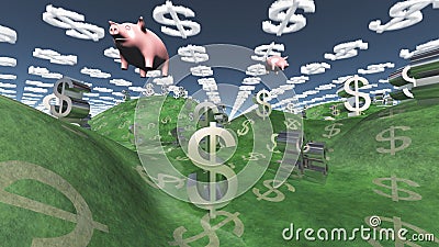 Money success fantasy landscape with floatin pigs Stock Photo