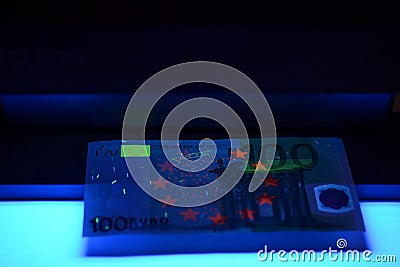 Money Testing - Detector Euro European Currency Fake Check Stock Photo