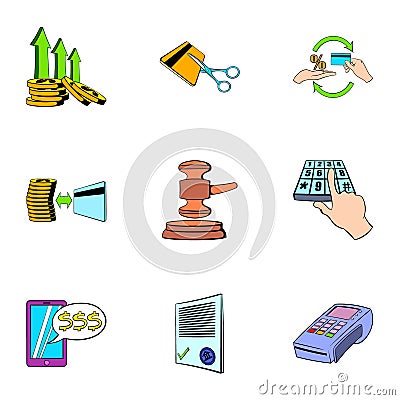 Money transaction icons set, cartoon style Vector Illustration