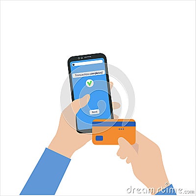 Money transaction online concept. Mobile payments using a smartphone. Hands hold a mobile phone and Bank card. Vector Vector Illustration