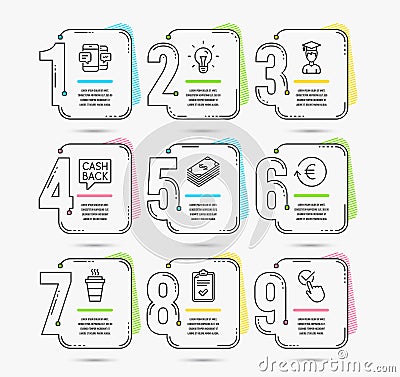 Money transfer, Checklist and Dollar icons. Smartphone sms, Exchange currency and Takeaway signs. Vector Vector Illustration