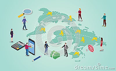Money transfer concept with people sending money around world destination global or international with isometric 2d style - vector Cartoon Illustration