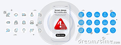 Money transfer, Engineering team and Build line icons. For web app, printing. Phone mockup with 3d danger icon. Vector Vector Illustration