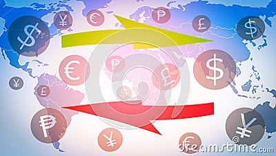 Money transfer exchange market forex global currency with currencies symbols financial Stock Photo