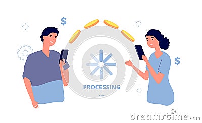 Money transfer. Mobile payment transaction service. People transfer money from phone to phone. Isolated man send coins Vector Illustration