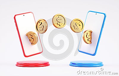 Money transfer between mobile phones, wireless sending and receiving dollar coins. Smartphone online banking payment app, Cartoon Illustration