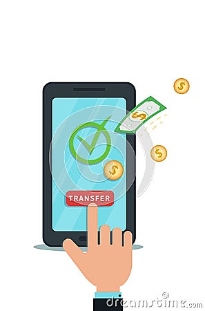 Money transfer, receive with mobile app. Successful bank transaction. Digital wallet. Flat smartphone with check mark Stock Photo