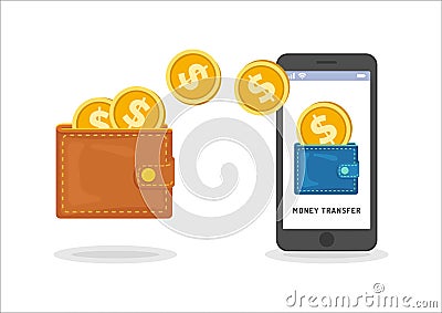 Money transfer between wallet and smartphone, flat styling. Vector illustration of online payment, money transaction. Vector Illustration