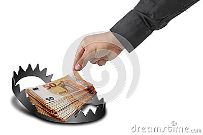 Money trap with stack of 50 euro. Hand picking one bill. Addiction or theft risk temptation concept Stock Photo