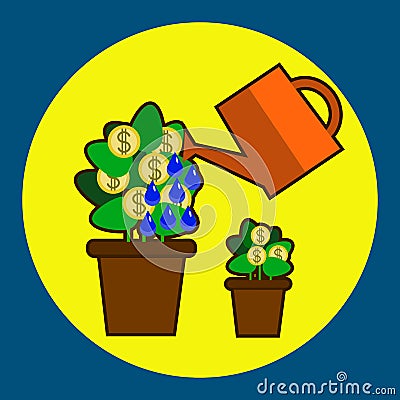 Money tree care isolated on blue. Watering money tree. Flat design Vector Illustration Vector Illustration