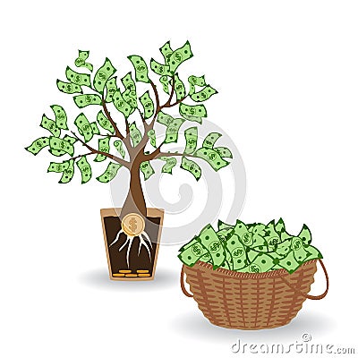 Money tree with a coin root. Green cash banknotes tree in ceramic pot and money basket. Business and investment harvest Vector Illustration