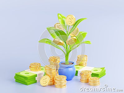 Money tree 3d render concept with potted plant Cartoon Illustration
