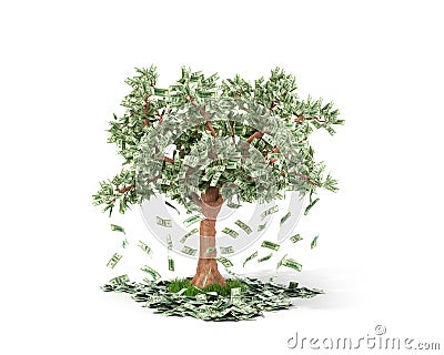 Money tree with hundred dollar bills growing on it and lying on Stock Photo