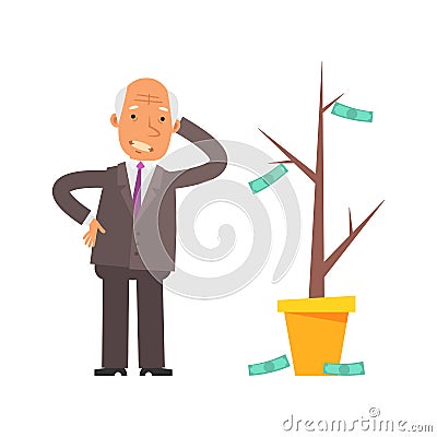 Money Tree. Old businessman puzzled and upset. Vector characters Vector Illustration