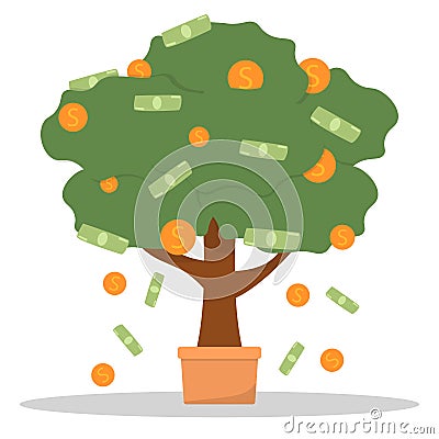 Money tree in pot with cash on branches. Plant with falling coins and banknotes. Concept of abundance, prosperity and richness. Vector Illustration
