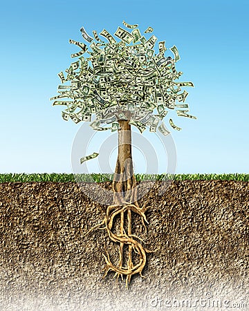 Money tree in soil cross section showing US Dollar sign roots Stock Photo