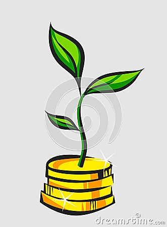 Money tree sprout grows from coins stack, pop art vector illustration Vector Illustration