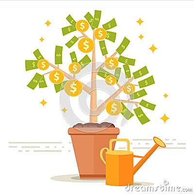 Money tree vector illustration. Dollar leaves and golden coin fr Vector Illustration